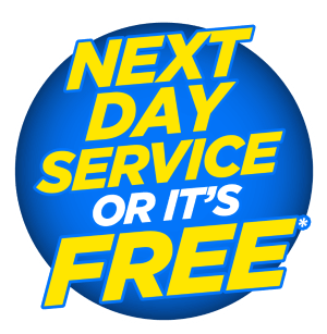 A blue circular badge with bold yellow text reads, "NEXT DAY TRASH CAN CLEANING SERVICE OR IT'S FREE*." The outlined text pops against a subtle radial gradient background.