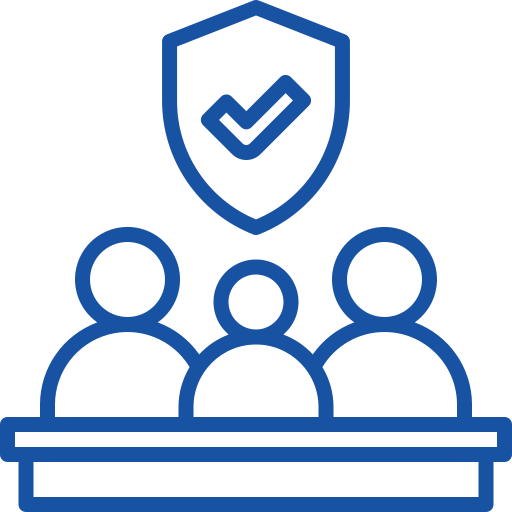Blue line drawing of three people sitting behind a table, with a large shield containing a check mark above them, symbolizing security, approval, or protection for a group or team.