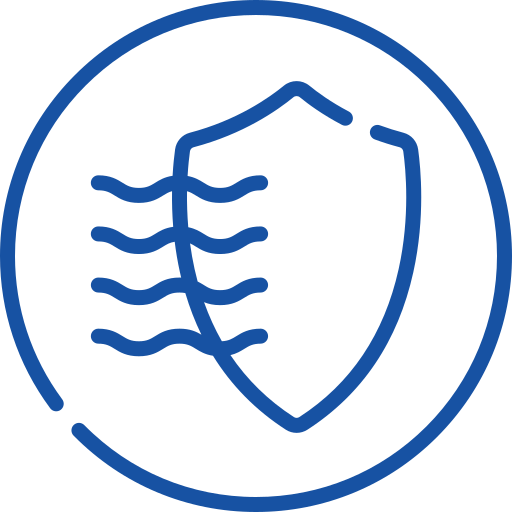 A blue outline of a shield with three wavy lines crossing it from left to right, enclosed within a blue partial circle on a light gray background. The design suggests protection against liquids or water resistance.