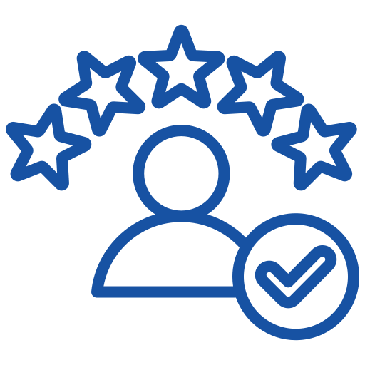 A simple blue icon shows a person with five stars above their head. In front of the person, there is a circle containing a checkmark. The design suggests high rating, positive review, or verified quality. The background is light gray.