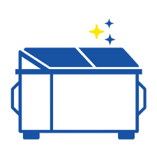 A simple blue line drawing of a dumpster with clean, closed lids. Three sparkles, two blue and one yellow, appear above the dumpster, suggesting it is freshly cleaned or spotless. The background is plain and light gray.