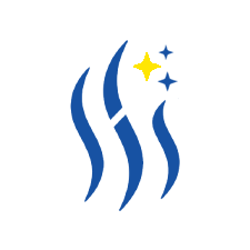 Four blue wavy lines stand vertically on a light gray background, resembling rising steam. Above the second and third lines are three sparkling stars—two blue and one yellow—suggesting cleanliness or freshness.