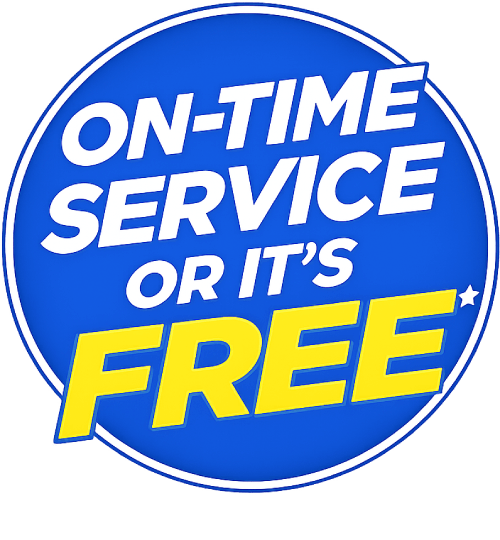 A blue circular badge with bold white text reading “ON-TIME SERVICE OR IT’S,” and large yellow text at the bottom saying “FREE” with a small star. Highlights the guarantee of free trash can cleaning service if not on time.