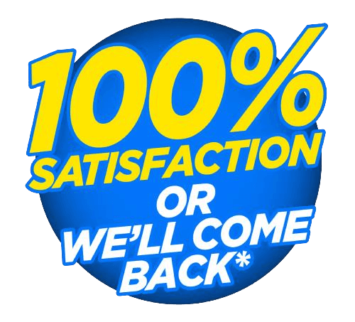 A blue circle features bold yellow and white text reading, “100% Satisfaction or We’ll Come Back*.” The word “Satisfaction” and the phrase below are in white, while “100%” is large and in yellow. The font is playful and attention-grabbing.
