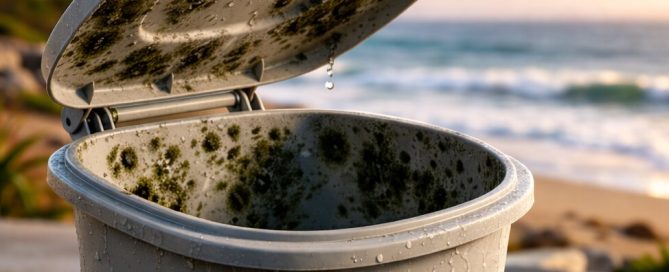 A gray trash can with its lid open, covered in green mold spots and wet streaks, stands on a patio near a beach. Water drips from the lid. In the background, there is a house, palm tree, and the ocean under a sunset sky.