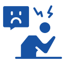 Blue icon of a person sitting with head in hand, lightning bolts above the head, and a speech bubble with a sad face. The image represents stress, worry, or sadness.